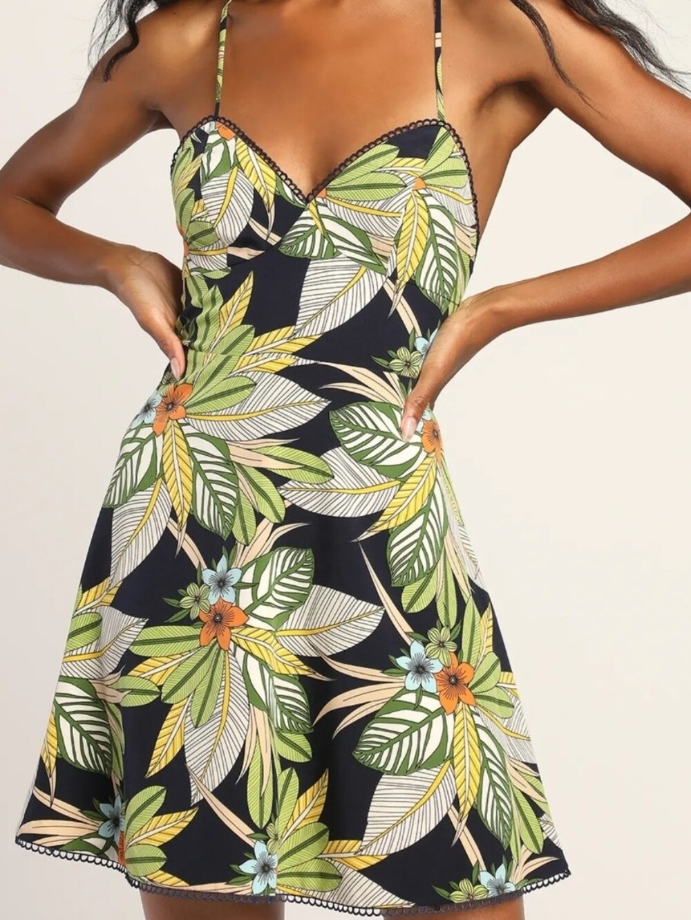Lulus Tropical Affair Navy Blue Tropical Print Lace-Up Mini Dress